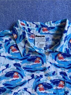 Ponyo Light Blue Dolphin Print Short-Sleeve Button-Down Shirt
